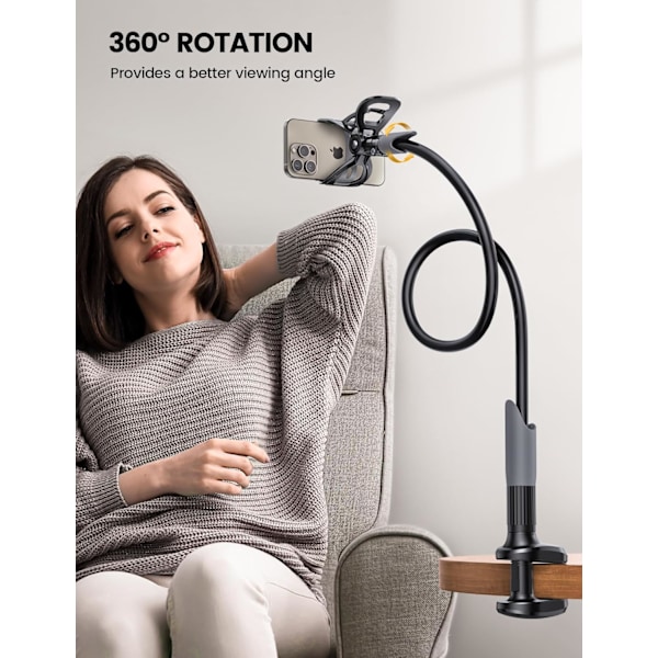 Gooseneck Telefonhållare för Säng - Mobiltelefonfäste med Klämma, Flexibel Lång Arm, Överliggande Fäste för Skrivbord Sänggavel Sängbord