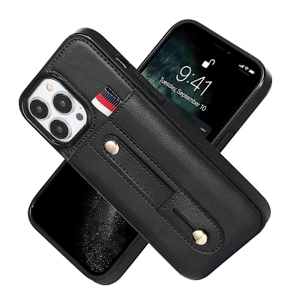 Læder telefoncover med håndledsrem, støttefod og pung til iPhone 14 Pro Max