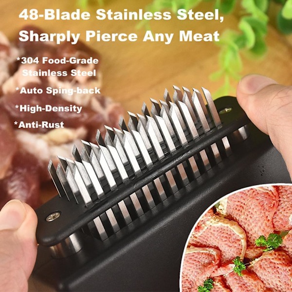 48-pins Steaksmørner i rustfrit stål, mørbradsmørner, nål til mørning af bøffer, løsningsnål til kød, kødmørnerhammer til oksekød