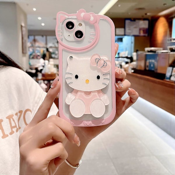 1 st Sött Tecknad Katt Skal, 3D Rosett Kawaii Ansikte Sminkspegel Kvinnor Flickor Barn Mjuk TPU Klar Skyddande Telefonfodral Rosa
