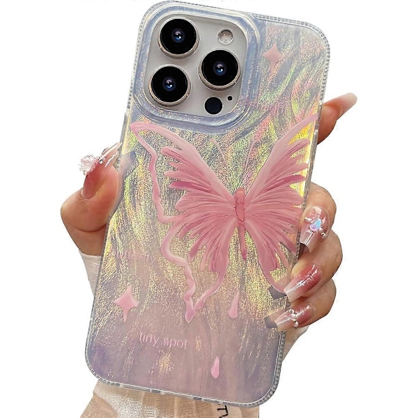 Skal för iPhone 14 Pro Max Rosa Fjärilsdesign, Söta Trendiga Mjuka Slim TPU Stötsäkra Skyddande Mobilskal Fodral för Kvinnor Flickor Estetisk GlitterSh