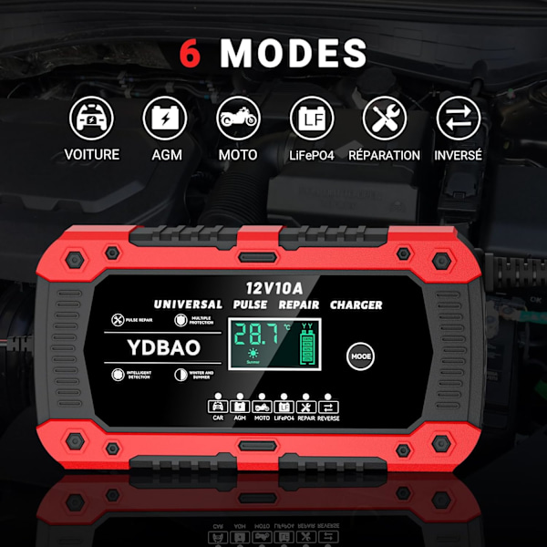 12V 10A LiFePO4 Billaddare Intelligent Automatisk Motorcykelladdare med LCD-Display 6 Lägen Reparation för AGM Gel SLA Våt