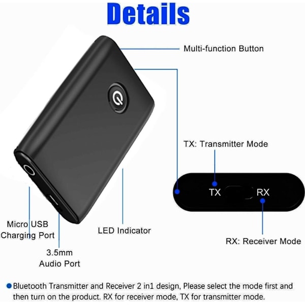 Bluetooth-sändare och -mottagare 2-i-1 Trådlös adapter