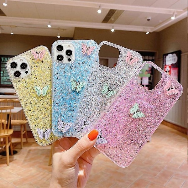 För iPhone 15 Stjärnklara Paljetter Strass Färgade Fjärilar Epoxi TPU Mobiltelefon Skal