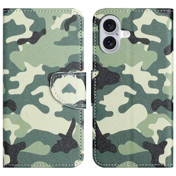 Til iPhone 16 Etui Mønstertryk PU Læderpung Telefon Cover Stå View