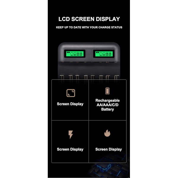Åtta-slots Multifunktionell LCD Smart Batteriladdare