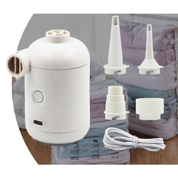 Hvid - Elektrisk Luftpumpe, Mini Bærbar USB Elektrisk Luftpumpe, Camping Oppustning og Hurtig Tømning, 4 Oppustningsdyser, Egnet til Madrasser /