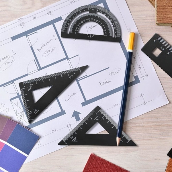 4-delars Linjal Vinkelhake Gradmätare Geometriset med 15cm Linjal Gradmätare och 60°&45° Vinkelhakar för Studentmaterial Aluminiumlegering (Sunmostar