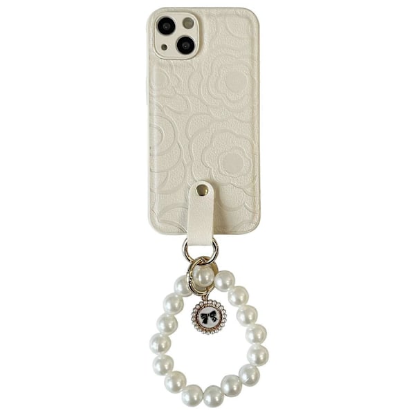 Til iPhone 14 Plus Telefonskal TPU+PU Læder Cover Kamelia Mønster Telefonetui med Perlekæde