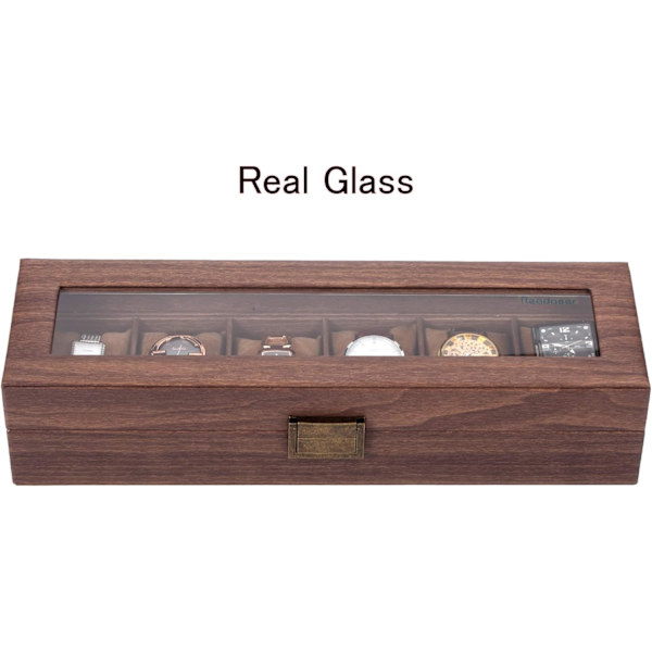Fodral för 6 klockor/display/box/förvaring för klockor i PU och trämönstrat glas