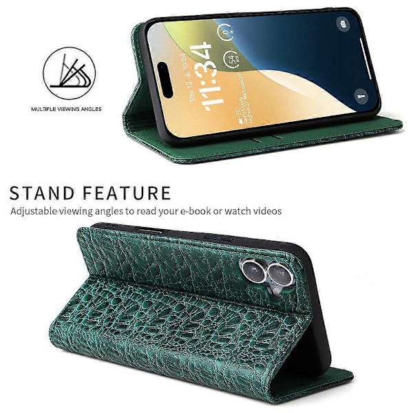 Aito lehmännahkainen krokotiilikuviollinen lompakkokotelo iPhone 16 Plus -puhelimelle - Vihreä