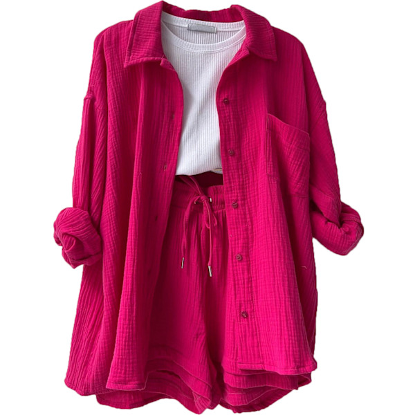 Dam Crinkle Krage Långärmad Skjorta Hög Midja Dragsko Shorts Mode Avslappnad Tvådelad Set Rosa M