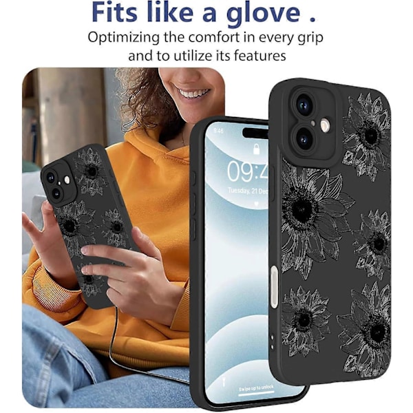Blommigt Skal för iPhone 16, Sött Solros Blommigt Mönster Mjuk TPU Stötsäker Skyddande för Kvinnor Flickor Telefonskal - Svart Blomma