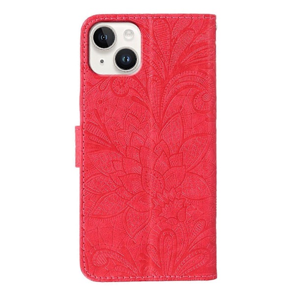 iPhone 15 -puhelimen suojakotelo pitsikukilla, PU-nahkainen lompakkokotelo