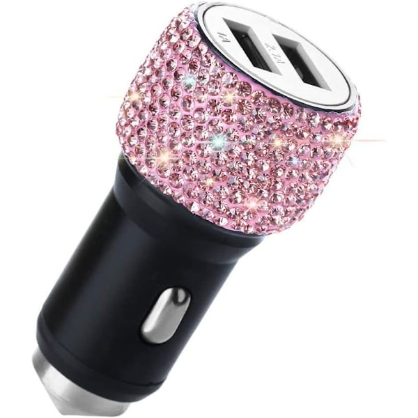 USB-biloplader, billader med glitrende næsehornskrystal pink