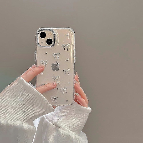 Etui til iPhone 15, Bling Glitter 3D Sløjfe Telefon Etui Sødt Glitrende Krystalklart Sløjfe Æstetisk Design Etui Slankt Blødt Holdbart TPU Transparent Beskyttelse