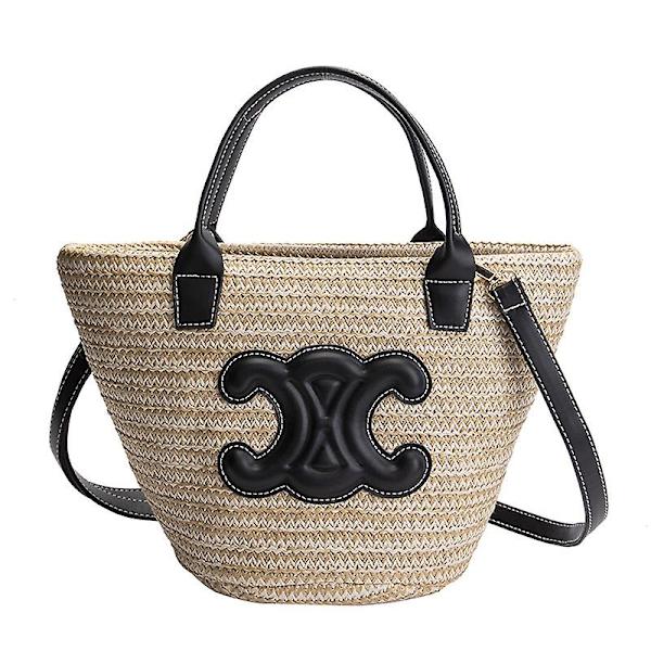 Stråtaske til kvinder, strandtaske til kvinder, rattan taske oversized strandtaske, sort