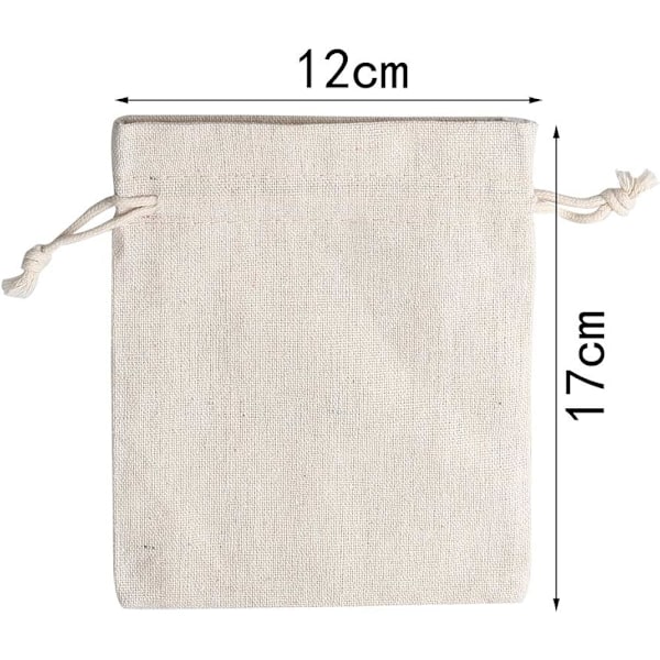 Pakke med 12 små bomuldsposer 12 x 17 cm beige bomuldsposer med snøre naturlige poser til smykker gave stofposer