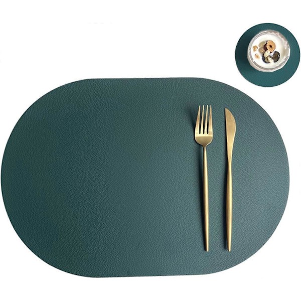 Sæt med 4 ovale dækkeservietter - Syntetisk læder - Skridsikker og vandtæt - Med coasters - Til hjemmet, køkkenet, restauranten - Grøn/beige