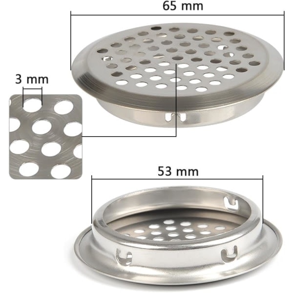 20 stk. 53 mm VENTILATIONSGITTER i rustfrit stål, rundt mesh, åndbart
