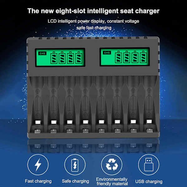 8 Slots Batterioplader AA/AAA Digital Display Genopladelige Batterier Opladning
