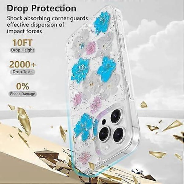 Blomsteret etui til iPhone 16 Pro Max, klart etui med ægte tørrede blomstermønstre, glitter sødt blomsterdesign til kvinder piger slankt blødt kant stødsikkert Ph