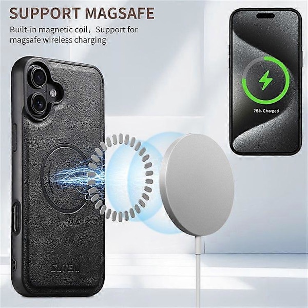 Magnetisk etui til iPhone 16 Plus med kortlomme, læderbagside med okselædertekstur