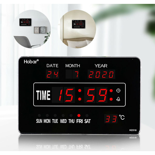 LED Digital Väggklocka med Temperatur, Kalender och Datum