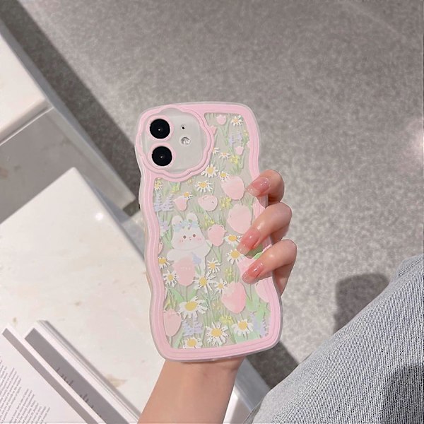 Kompatibelt skal för iPhone 12 för kvinnor och flickor, Sött genomskinligt tecknat blommigt kanin med hjärtpärlor - Flower Rabbit2