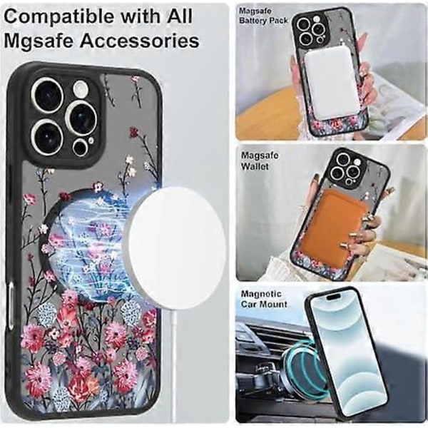 Magnetiskt skal för iPhone 16 Pro Max [Kompatibelt med MagSafe] Sött, moderiktigt, blommigt, genomskinligt, matt hårt skal, stöttåligt, anti-repor - Röd F