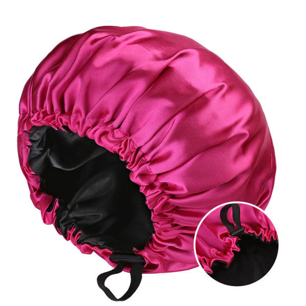 Dam Dubbellagers Satin Natthuva Skönhet och Frisör Justerbar Knapphuva Rosröd+Svart Justerbar Rose-red+Black
