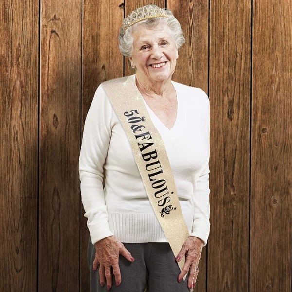 WILLBOND 50-årsdag Skärp och Tiara Set för 50 År, 50 & Fabulous Skärp och Krona Partydekorationer (Guld)