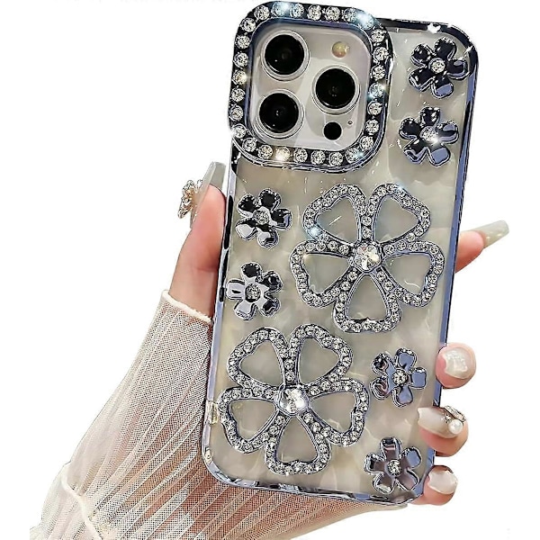 Søt Glitter Bling 3D Diamantblomst med Luksuriøs Rhinestone Blomsterdesign for Kvinner og Jenter og Glitrende Skinnende Slim Støtsikkert Deksel for iPhone 15 Pro Max - Himmelsblå
