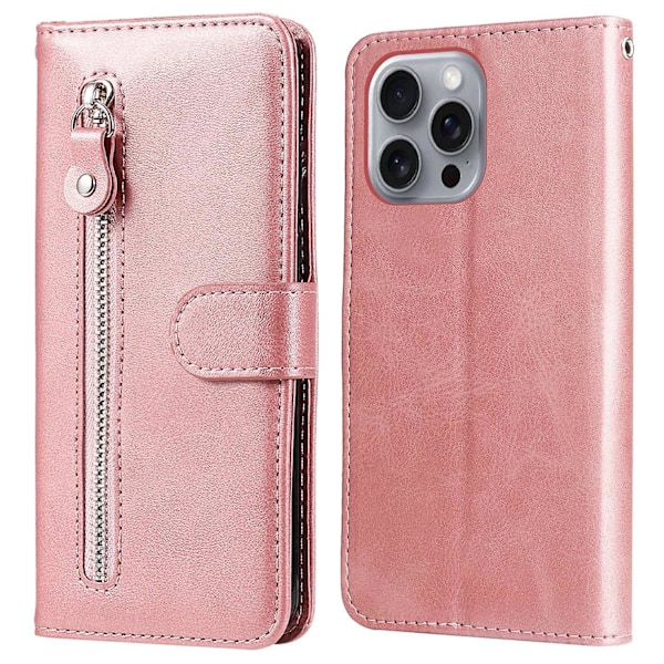 Fodral för iPhone 16 Pro Max med dragkedjeficka, flip, stöttåligt läderfodral - Rosa