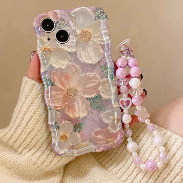 Glittrigt Retro Målat Blomfodral för iPhone 15 Pro med Pärlrem TPU Slim Skyddsskal
