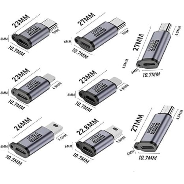 5-pack USB-adapterkit – Typ-C & Micro till Lightning, Mini & Typ-C – Kompatibel med Android/iOS-enheter