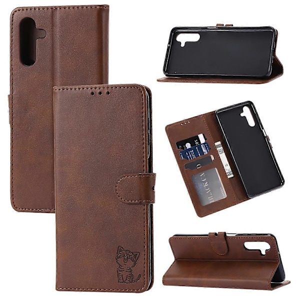 Præget flip-læder telefoncover med glad kat til Samsung Galaxy A34 5G
