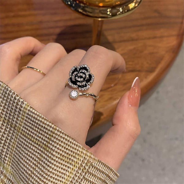 Ringe Sort Kamelia Ring Til Kvinder Justerbare Ringe