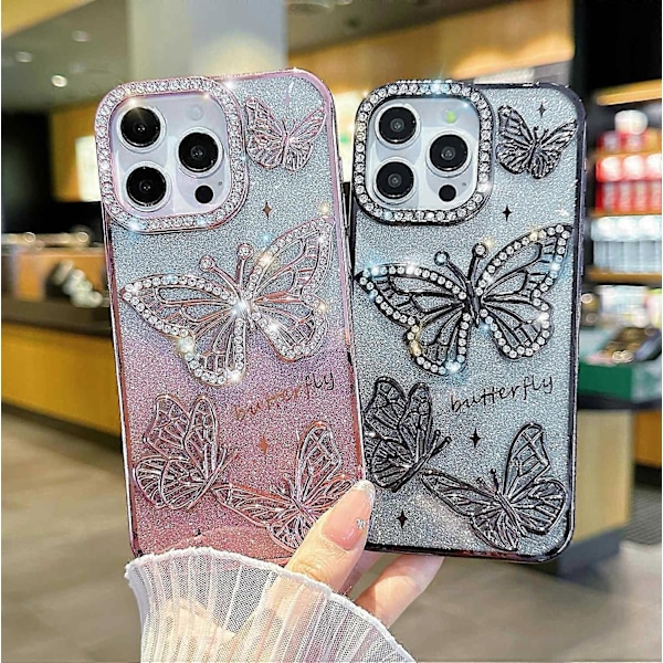 iPhone 16 Pro -kotelo strassikoristeilla, 3D-perhosella ja TPU-puhelinkuorella sekä glitterpaperilla