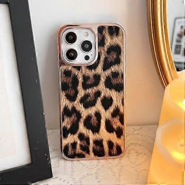 Lyxigt Leopardmönstrat Mobilskal för iPhone 15 Pro Max, Mode Pläterad Lädersida Ramdesign Stötsäkra Skyddsfodral Kvinnor för Apple 15 P