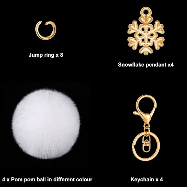 4 st 3\" Pompom-nyckelringar med snöflingesberlocker och hopringar
