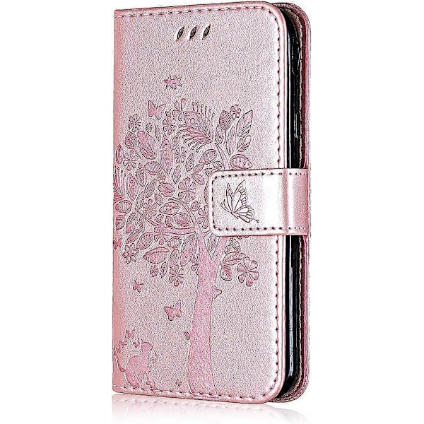 iPhone 12 Pro (6,1 tommer) Etui, PU Læder Wallet Etui, Stødsikkert Flip Etui Cover Retro Præget Kat og Træ Serie til iPhone 12 Pro (6,1 tommer) - Rose