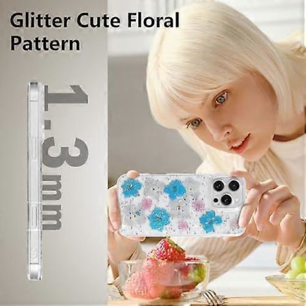 Blommig Skal för iPhone 16 Pro Max Transparent Skal med Äkta Torkade Blomstermönster, Glitter Söt Blomdesign för Kvinnor Flickor Slim Mjuk Kant Stötsäker Ph