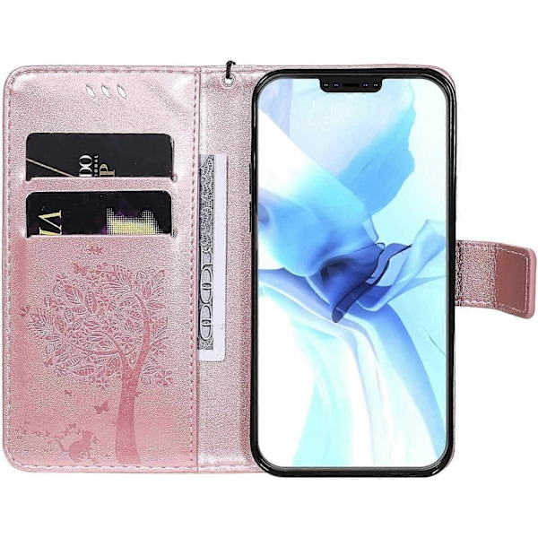 iPhone 12 Pro (6,1 tommer) Etui, PU Læder Wallet Etui, Stødsikkert Flip Etui Cover Retro Præget Kat og Træ Serie til iPhone 12 Pro (6,1 tommer) - Rose