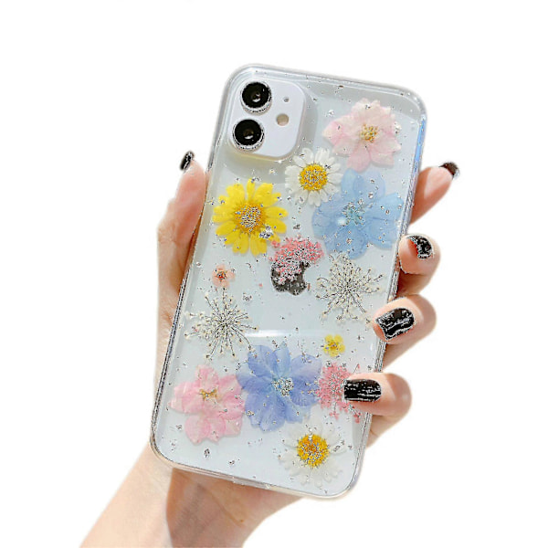 Skal till iPhone 13, Blommor, Genomskinligt Sött Pressat Äkta Blomdesign Transparent Mjukt TPU Gummi Im Skyddande Blommigt Fodral för Kvinnor Flickor till iPhone 13 (