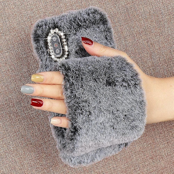 til iPhone 11 Case Søde Piger Blød Kunstpels Glitter Diamant Pelsede Fluffy Handske Silikone Telefon Cover Case til iPhone 11 Case Grå