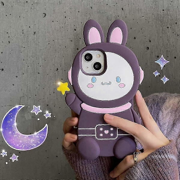 Kawaii Mobilskal Passar iPhone 13 Pro Max, Sött 3D Tecknat Kanin Mobilskal Mjukt Silikon Roligt Lila Kanin Skal för Kvinnor Flickor