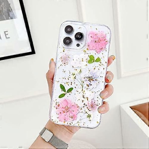 Designet til iPhone 13 Pro Max Presset Blomster Cover, Sødt Bling Glitter Funklende Gennemsigtigt med Design Blød Silikone TPU Gummi Tørret Ægte Blomster Æstetisk