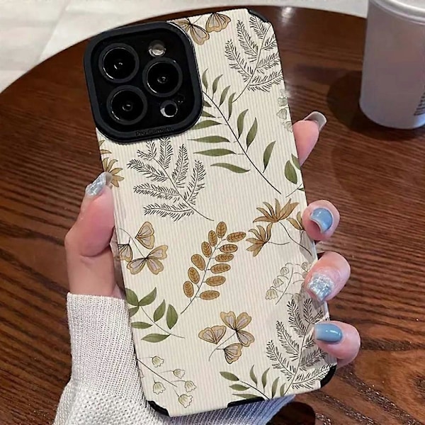 För iPhone 15 Pro Skal Ormbunke Växter PU Läder+TPU Estetiskt Telefonskal