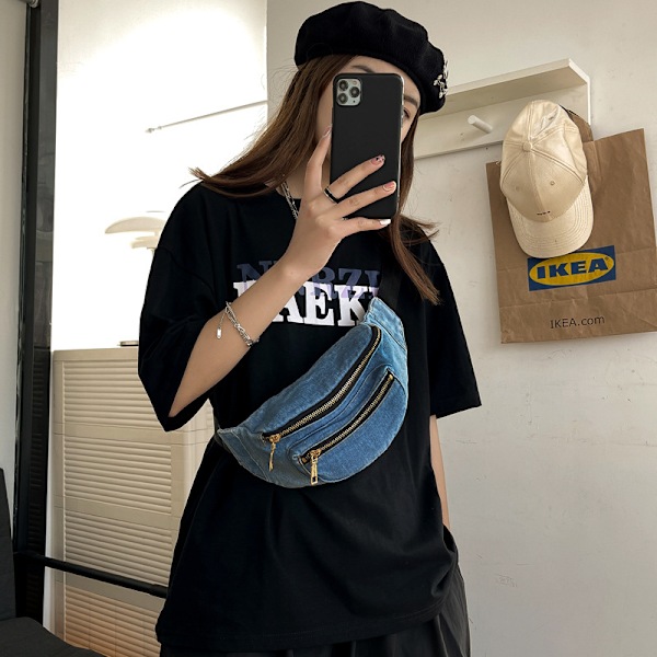 Retro Vaskbar Denim Brysttaske Mode Kryds Krops Talje Taske